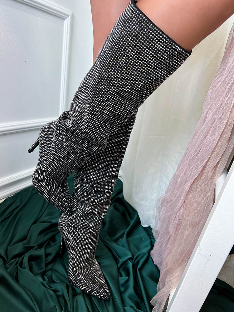 Crystal-Embellished Suede Boots - Elara Row
