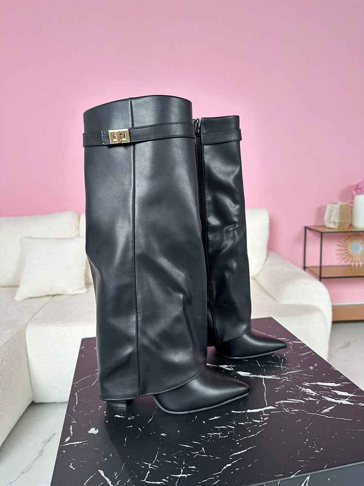 Fold Chunky Heel Knee High Boots - Elara Row