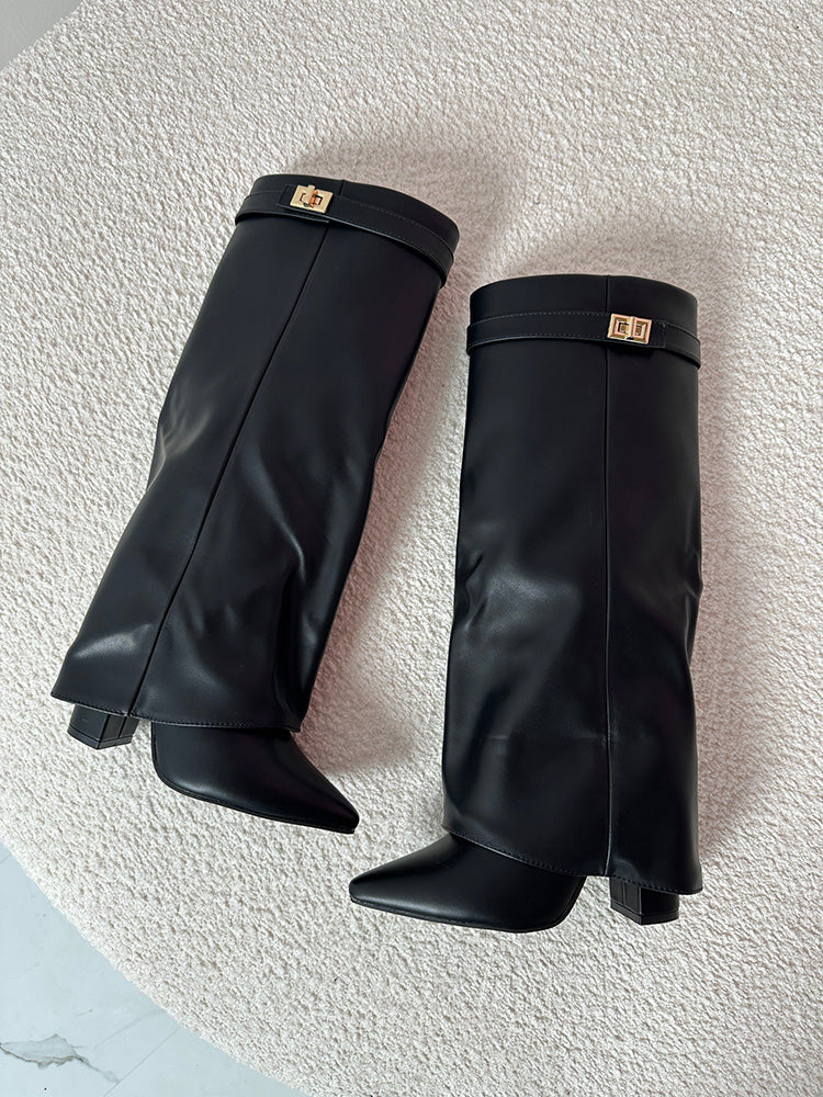Fold Chunky Heel Knee High Boots - Elara Row