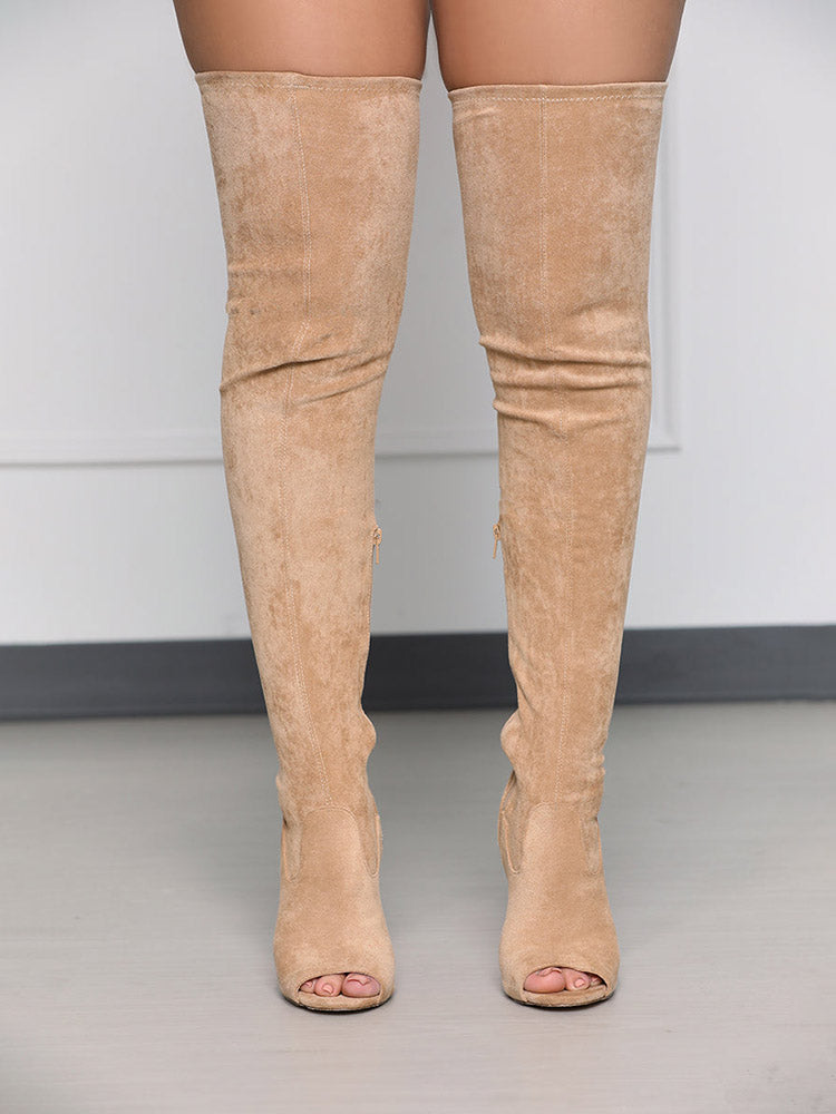 Peep Toe Suede Over Knee Boots - Elara Row