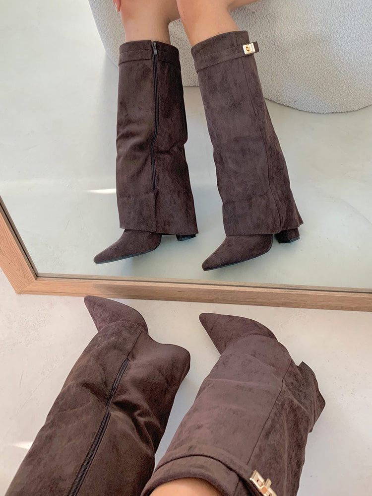 Fold Chunky Heel Knee High Boots - Elara Row