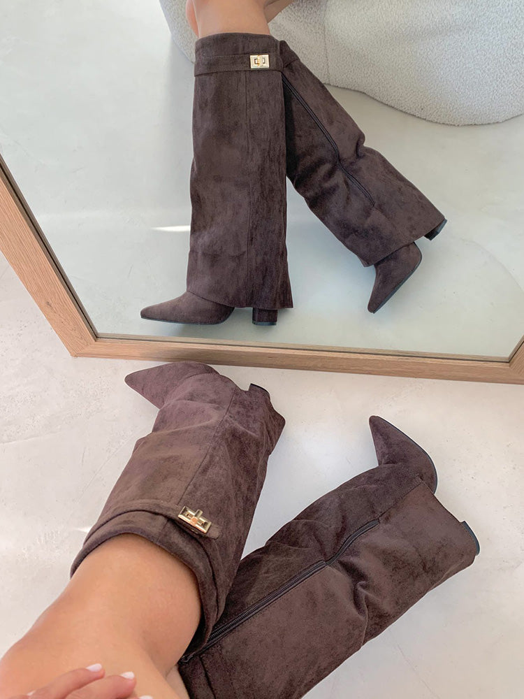 Fold Chunky Heel Knee High Boots - Elara Row