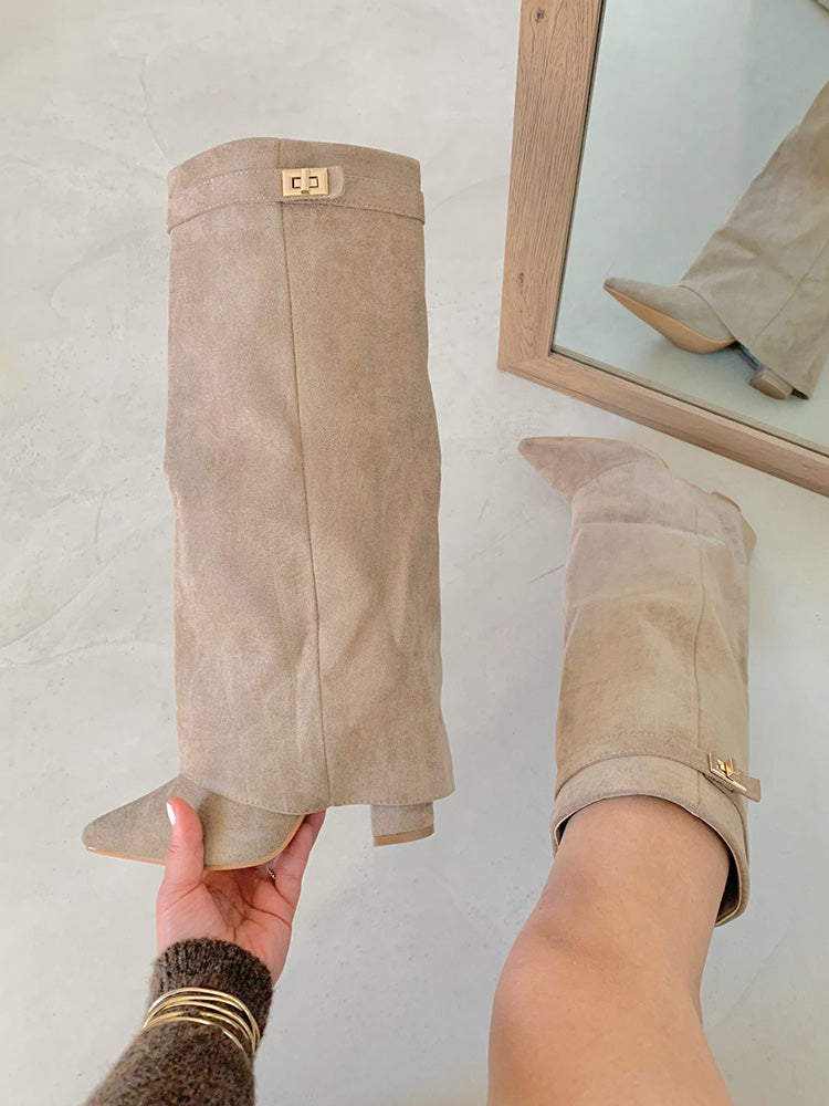 Fold Chunky Heel Knee High Boots - Elara Row