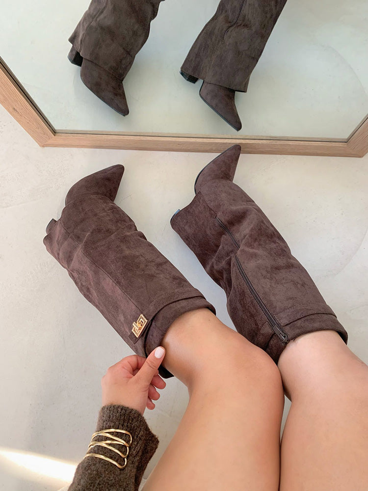 Fold Chunky Heel Knee High Boots - Elara Row