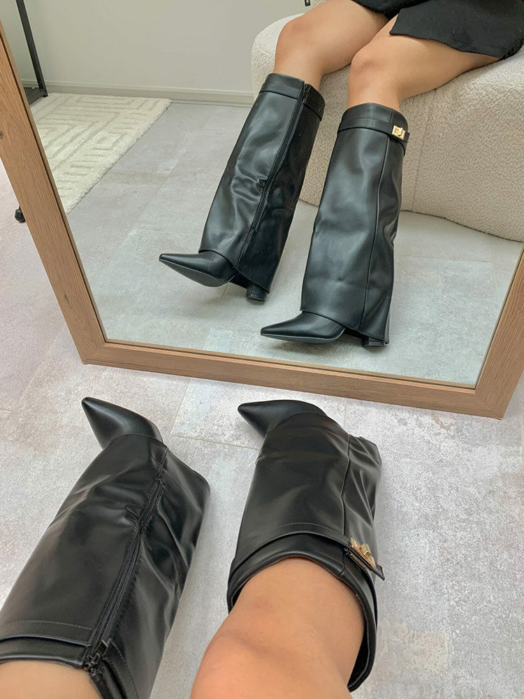 Fold Chunky Heel Knee High Boots - Elara Row