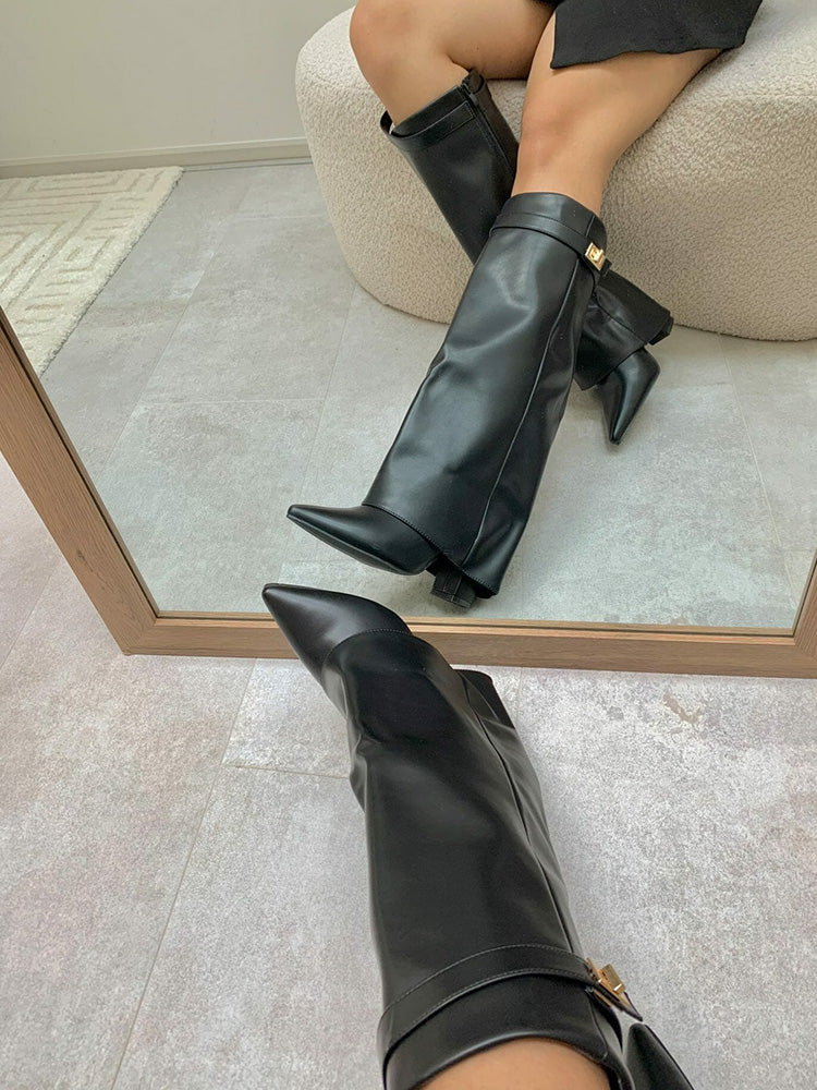 Fold Chunky Heel Knee High Boots - Elara Row