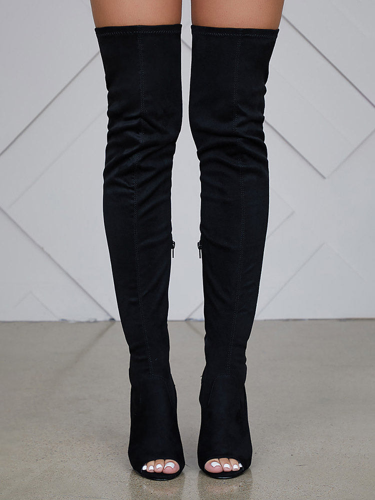 Peep Toe Suede Over Knee Boots - Elara Row