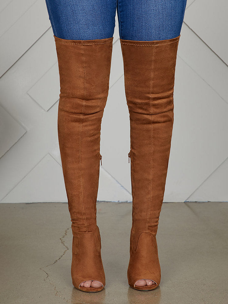 Peep Toe Suede Over Knee Boots - Elara Row