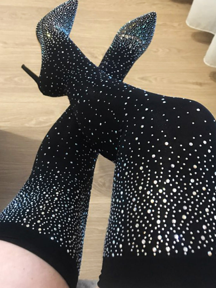 Rhinestone Decor Thigh High Boots - Elara Row