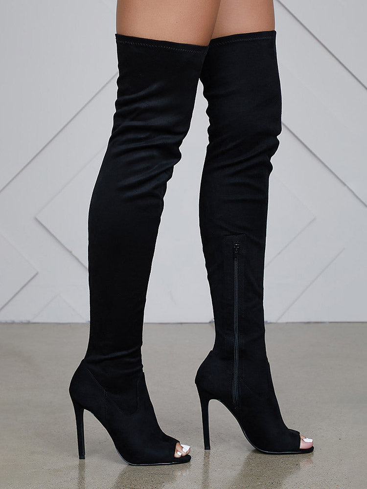 Peep Toe Suede Over Knee Boots - Elara Row
