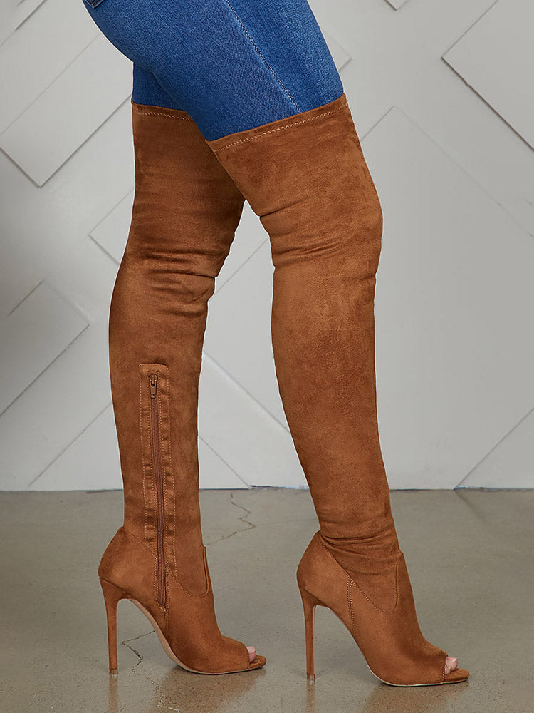 Peep Toe Suede Over Knee Boots - Elara Row