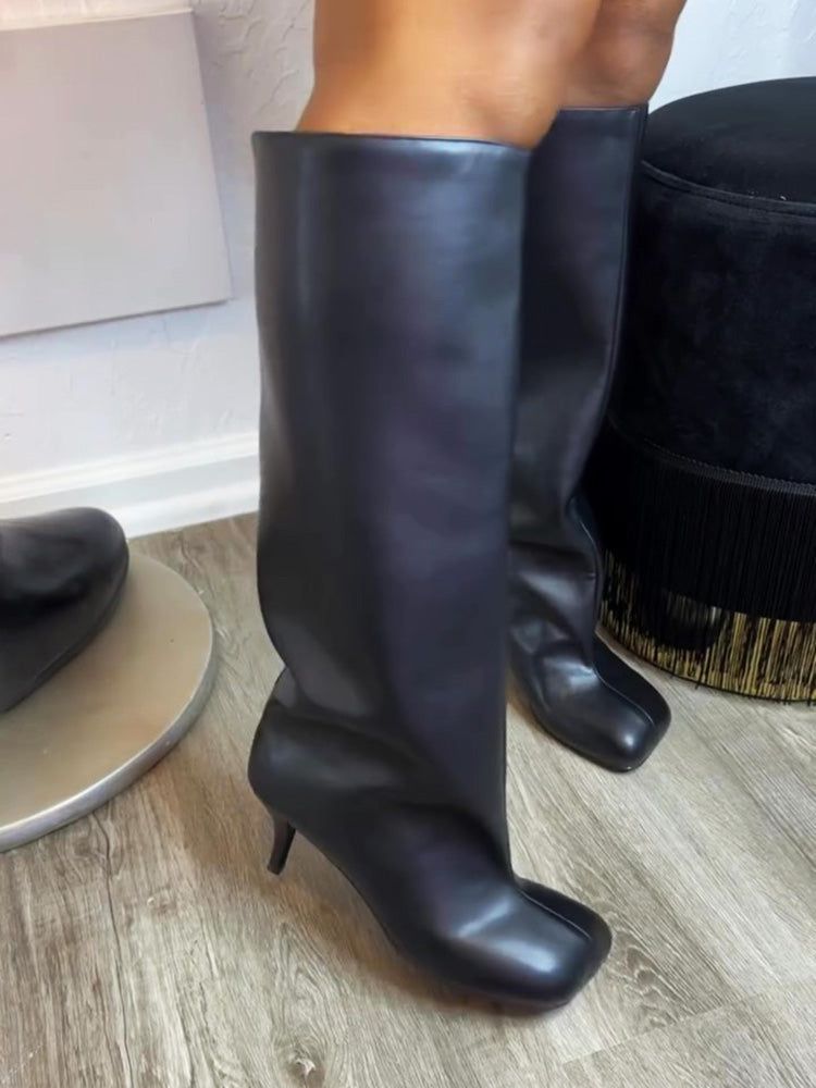 Suede Wide Calf Square Toe Boots - Elara Row