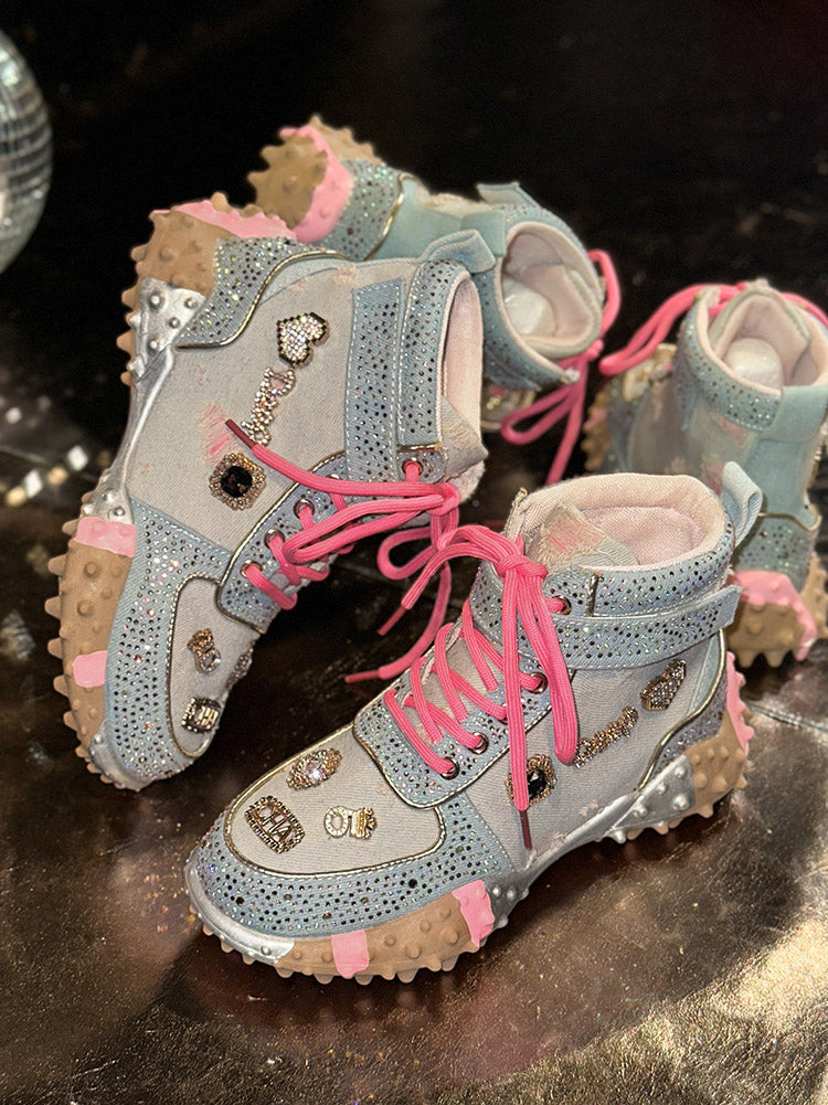 Rhinestone Denim High-Top Sneakers