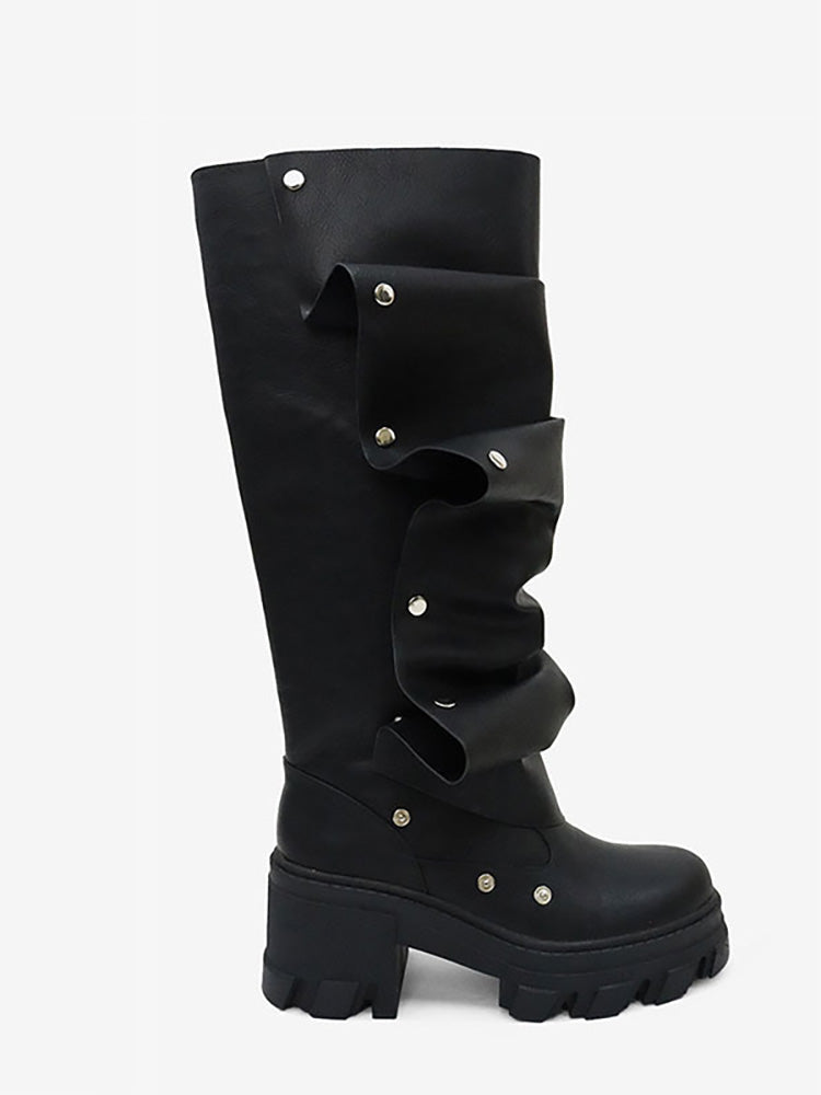 Leather Press Stud Round Toe Boots - Elara Row