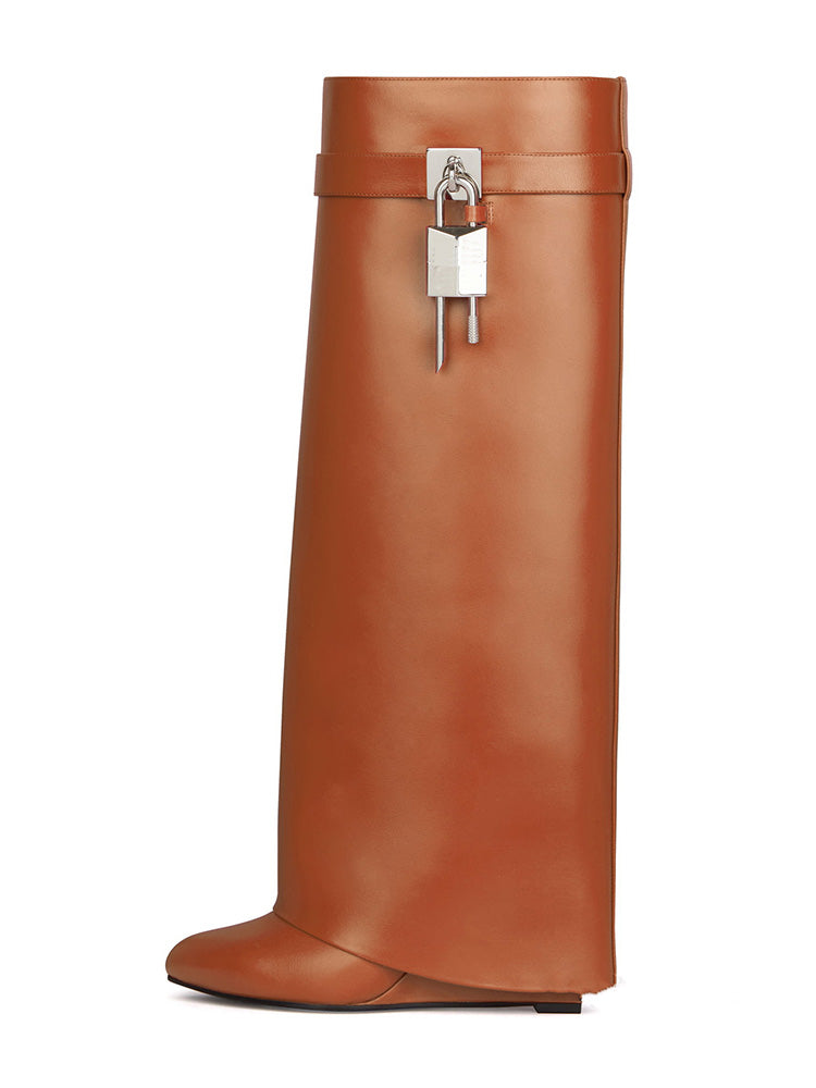 Lock & Key Leather Wedge Heel Boots - Elara Row