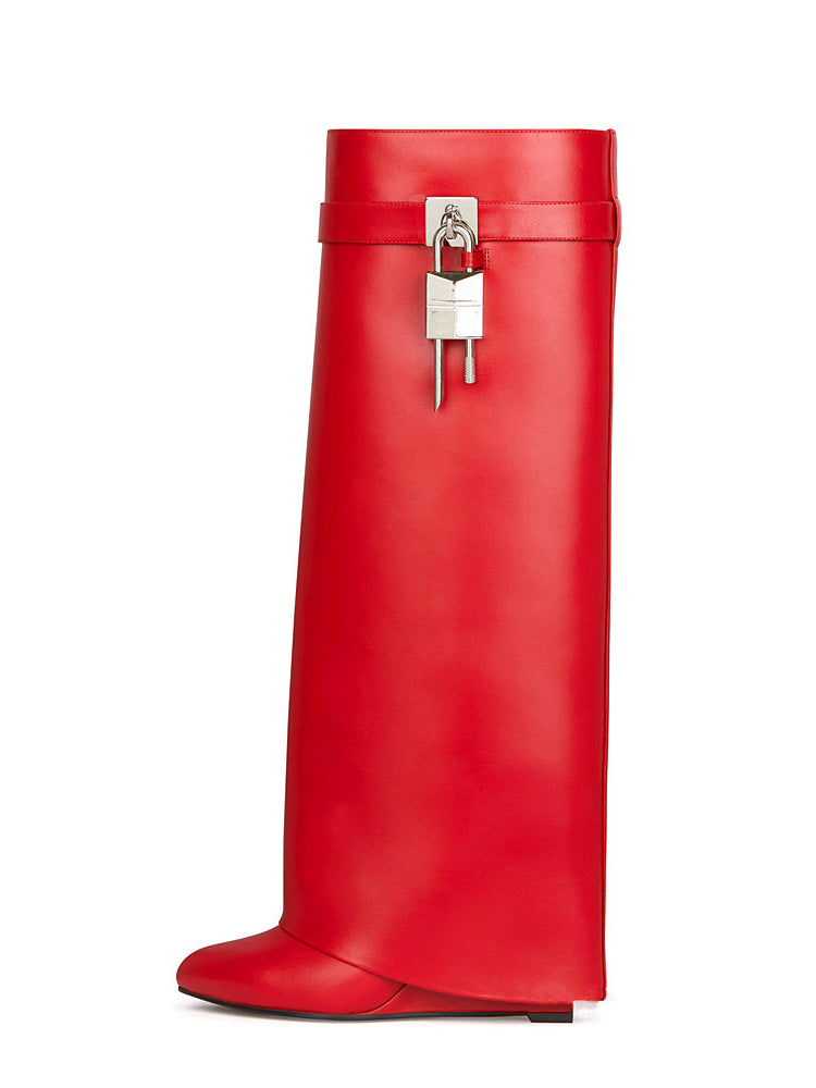 Lock & Key Leather Wedge Heel Boots - Elara Row