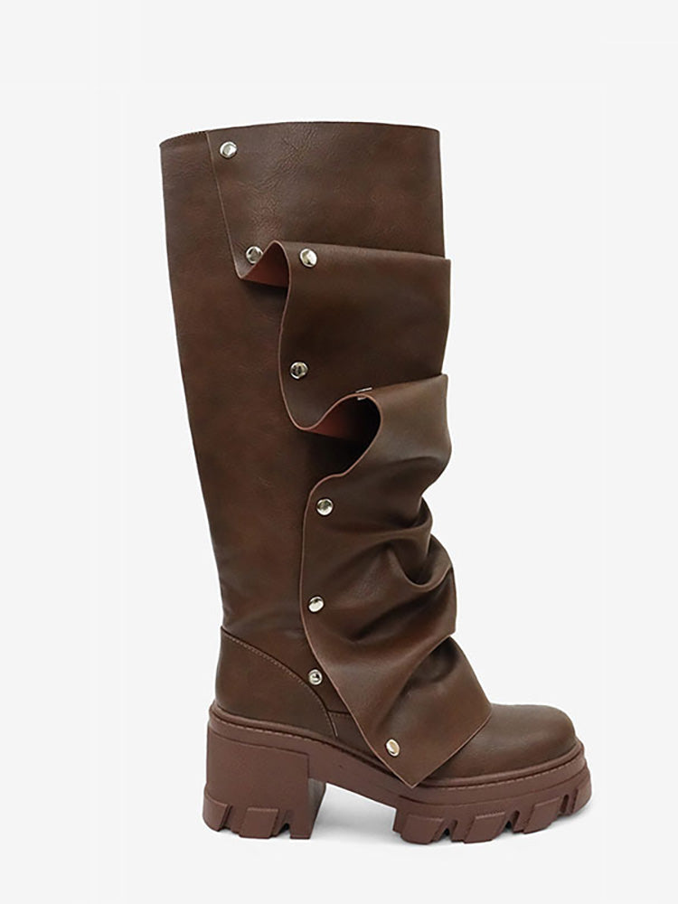 Leather Press Stud Round Toe Boots - Elara Row