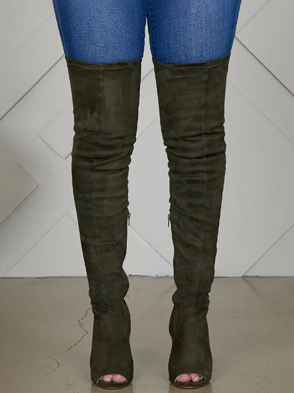 Peep Toe Suede Over Knee Boots - Elara Row