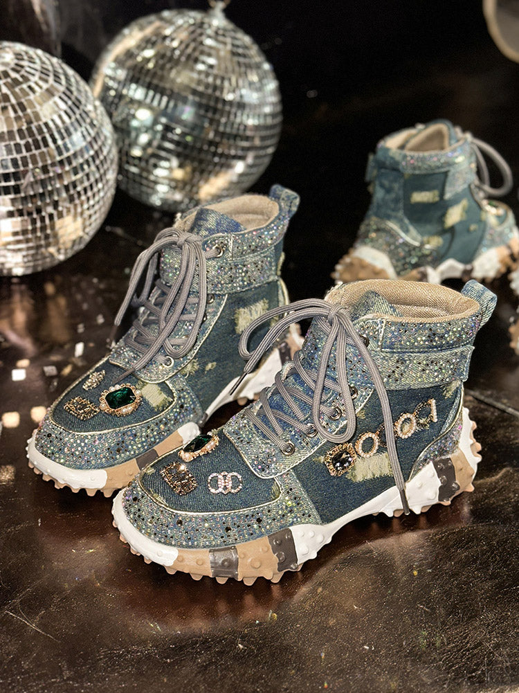 Rhinestone Denim High-Top Sneakers