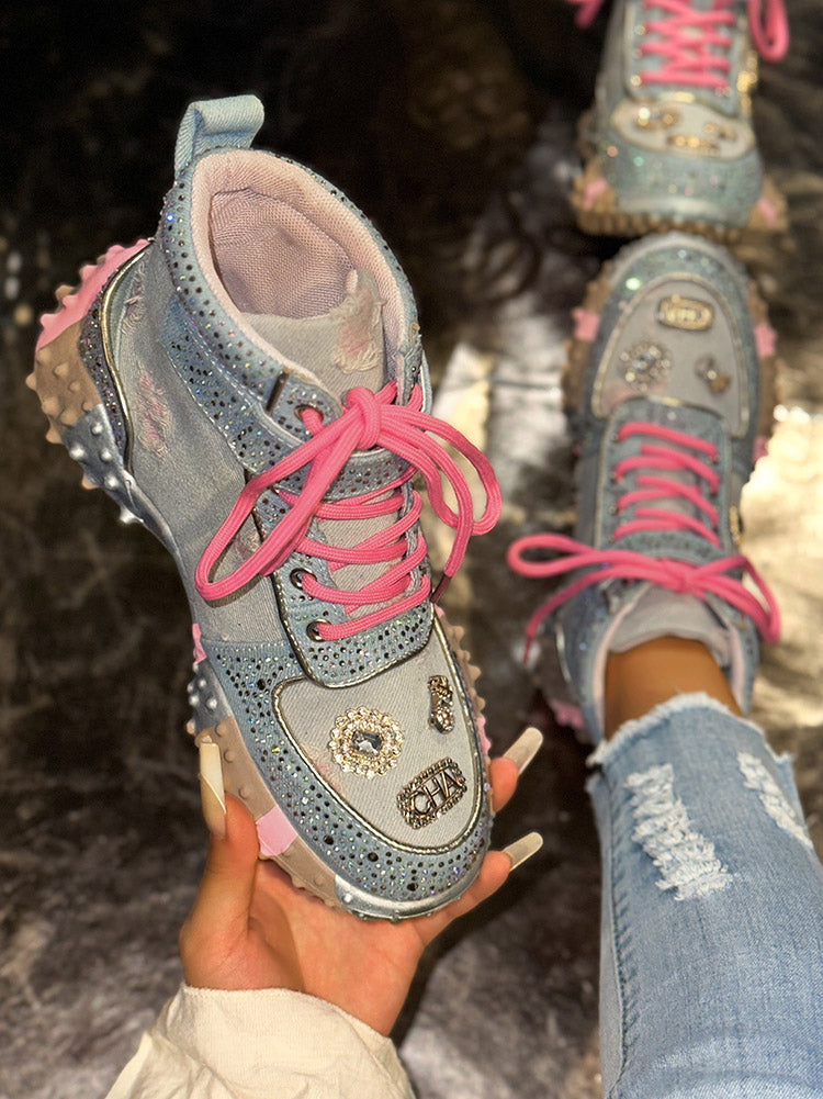 Rhinestone Denim High-Top Sneakers