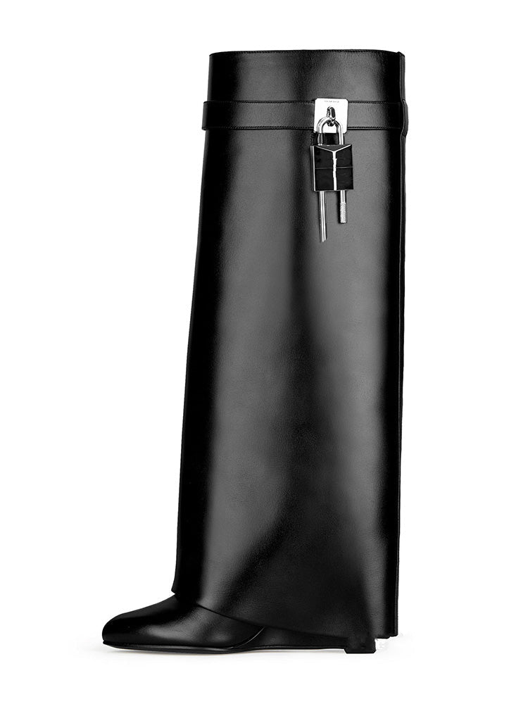 Lock & Key Leather Wedge Heel Boots - Elara Row