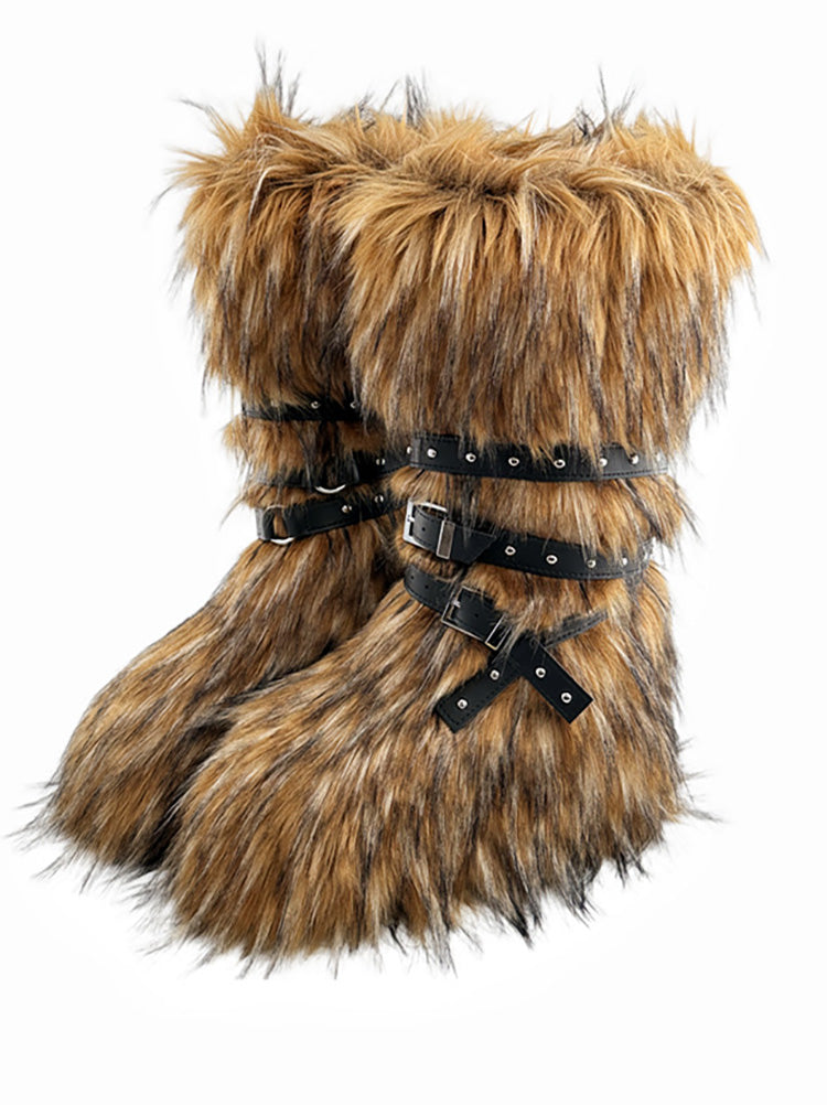 Buckle Faux Fur Boots - Elara Row