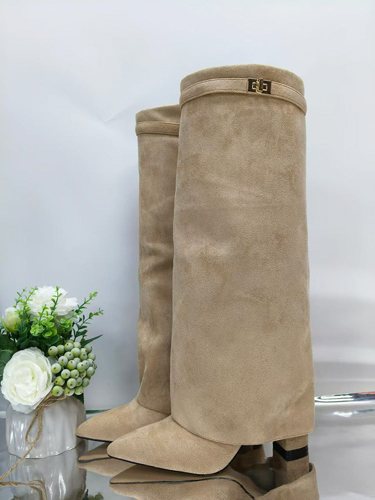 Fold Chunky Heel Knee High Boots - Elara Row