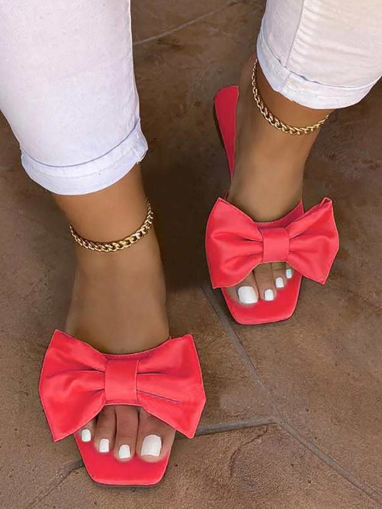 Bowknot Decor Square Toe Flat Slippers - Elara Row