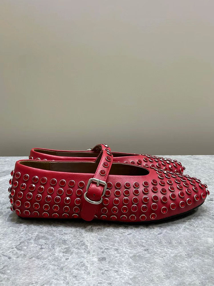 Rhinestone Leather Ballet Flats