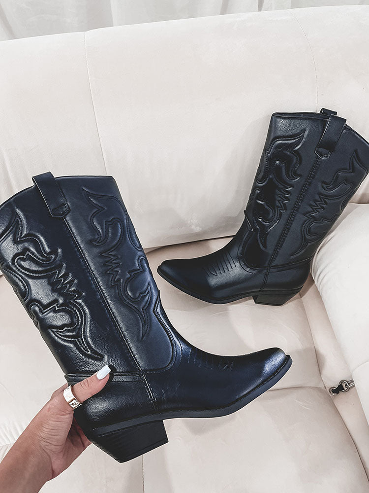 Metallic PU Leather Cowboy Boots - Elara Row