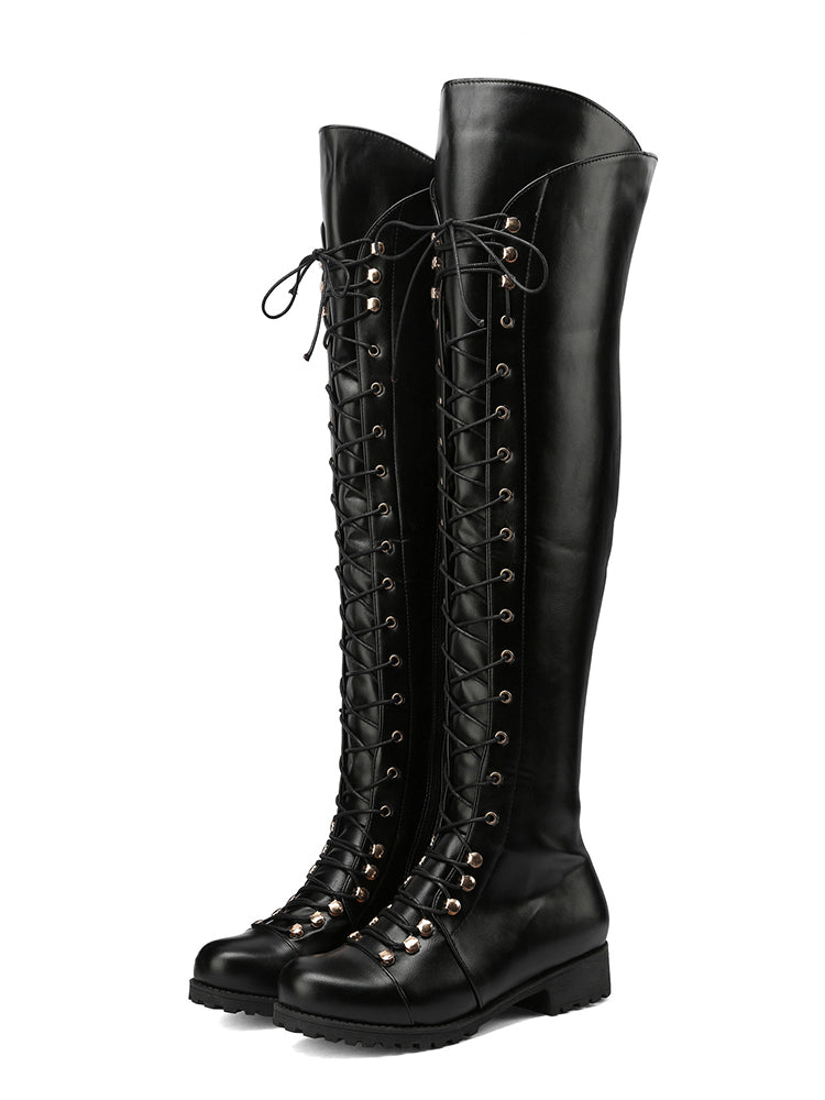 Lace Up Leather Over The Knee Boots - Elara Row
