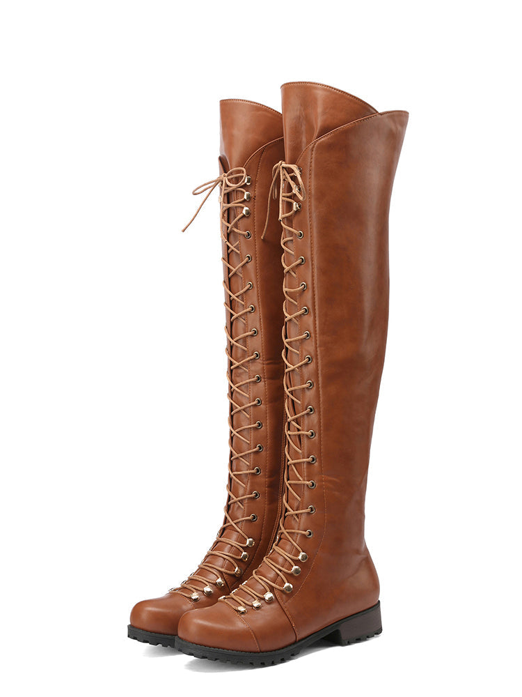 Lace Up Leather Over The Knee Boots - Elara Row
