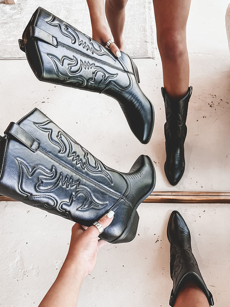 Metallic PU Leather Cowboy Boots - Elara Row