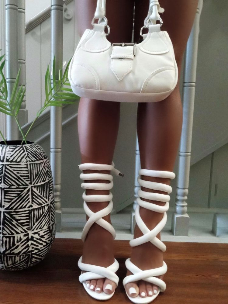 Cross Puffy Strap Heeled Sandals - Elara Row