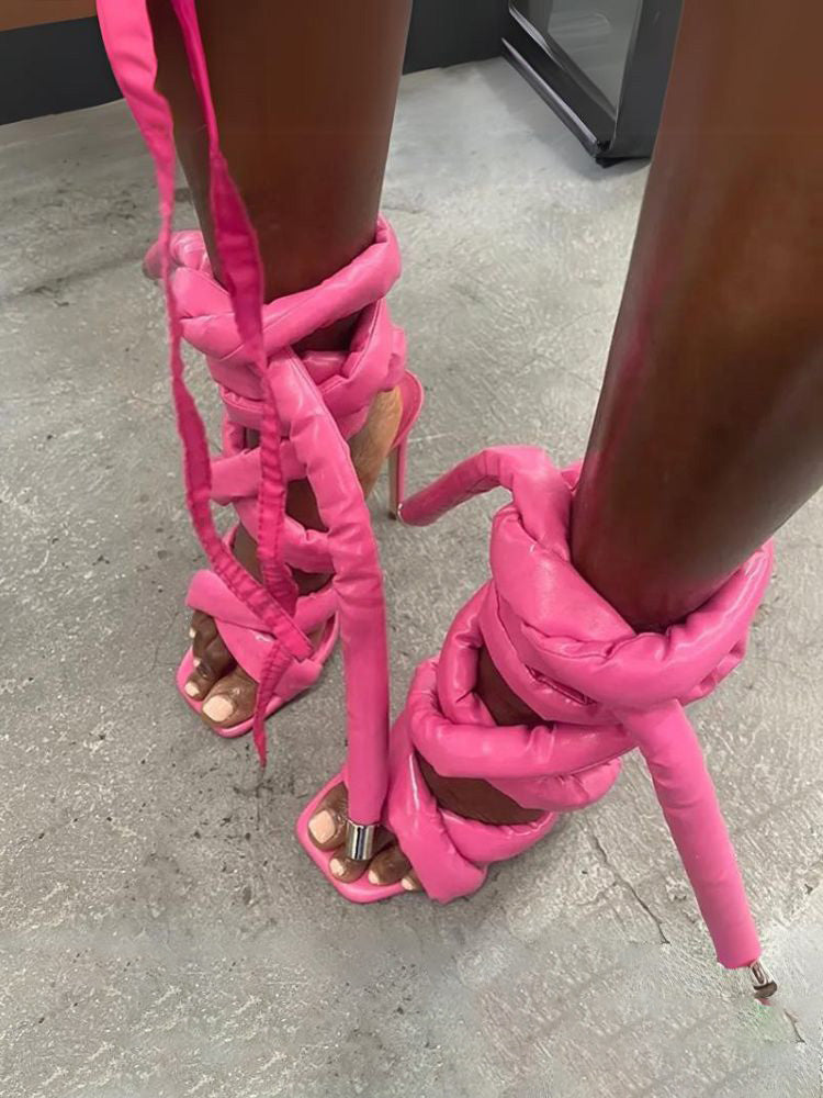 Cross Puffy Strap Heeled Sandals - Elara Row
