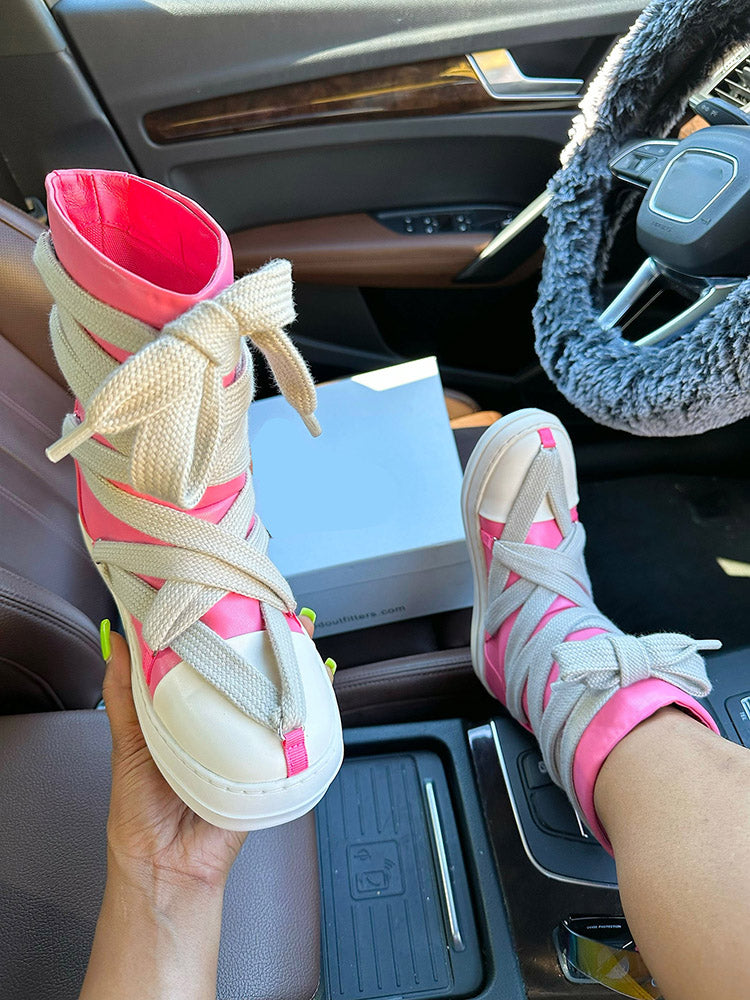 Cross Lace PU High-Top Sneakers - Elara Row
