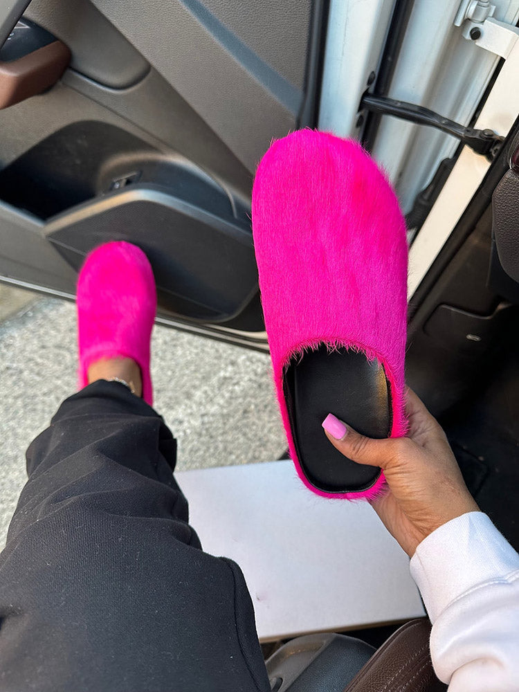 Fur Slip-On Flat Slides - Elara Row