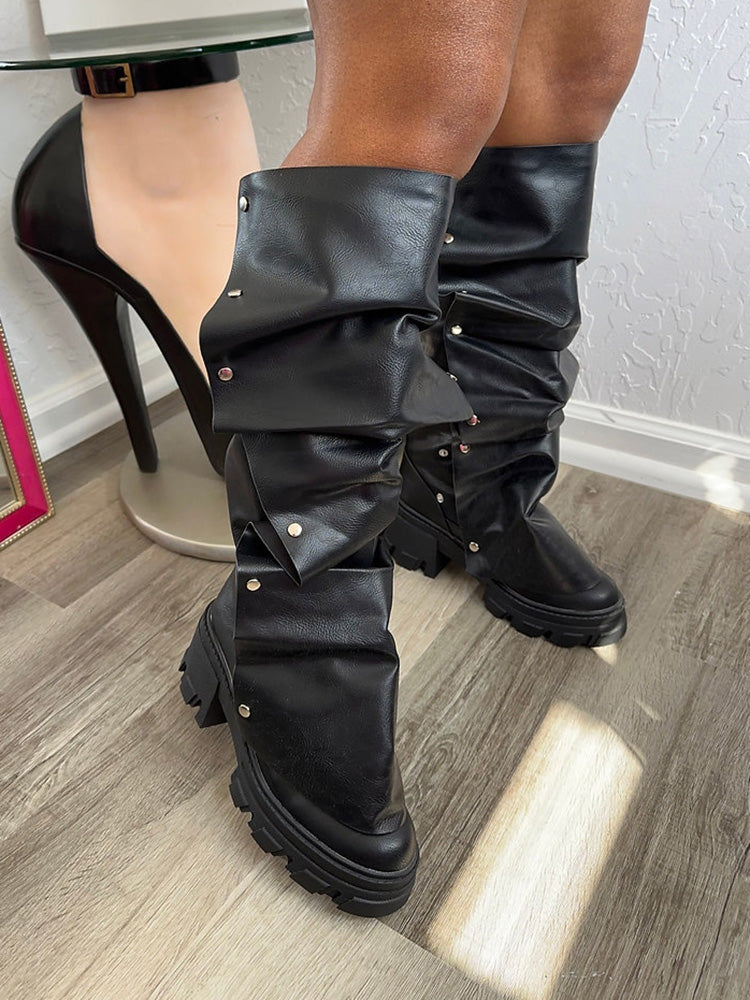 Leather Press Stud Round Toe Boots - Elara Row