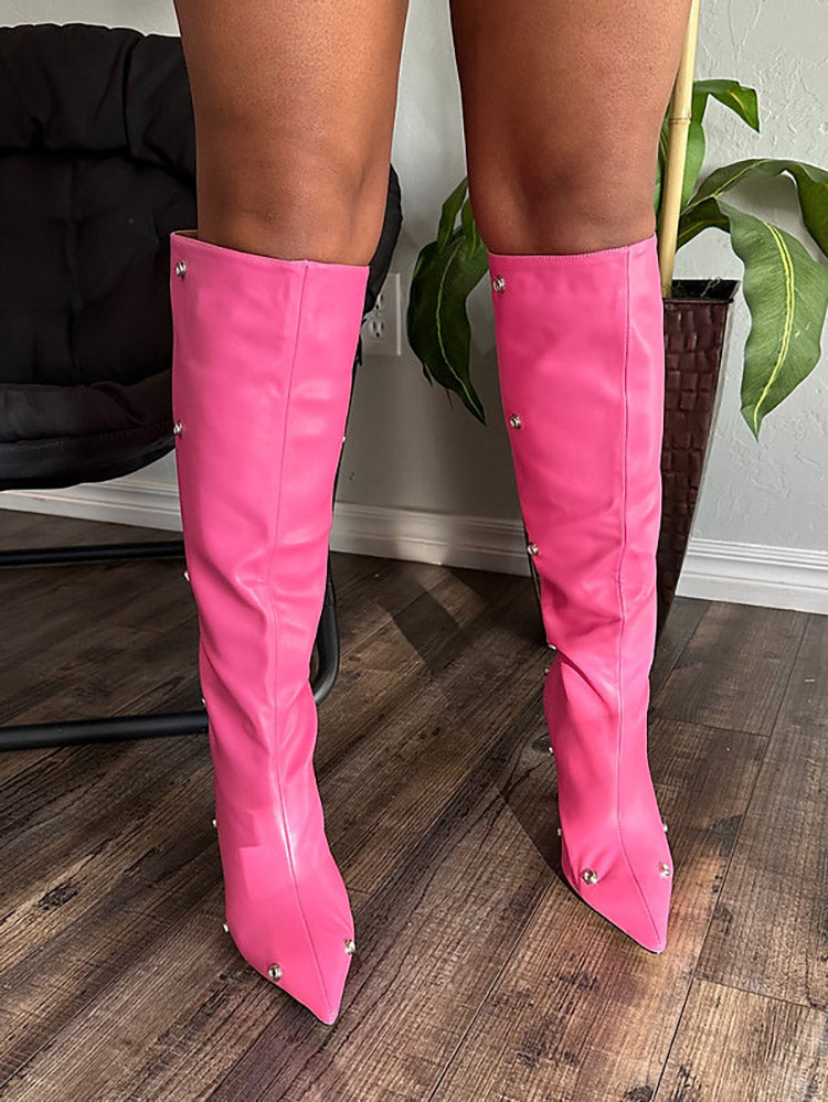 Leather Press Stud Knee-High Boots - Elara Row