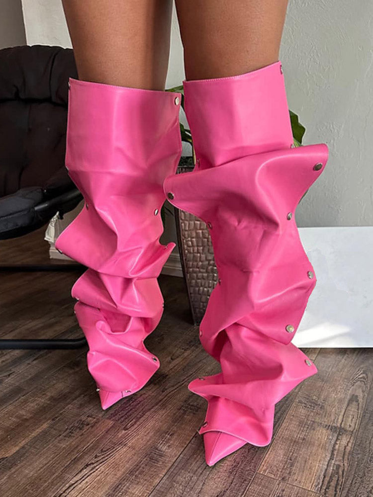 Leather Press Stud Knee-High Boots - Elara Row