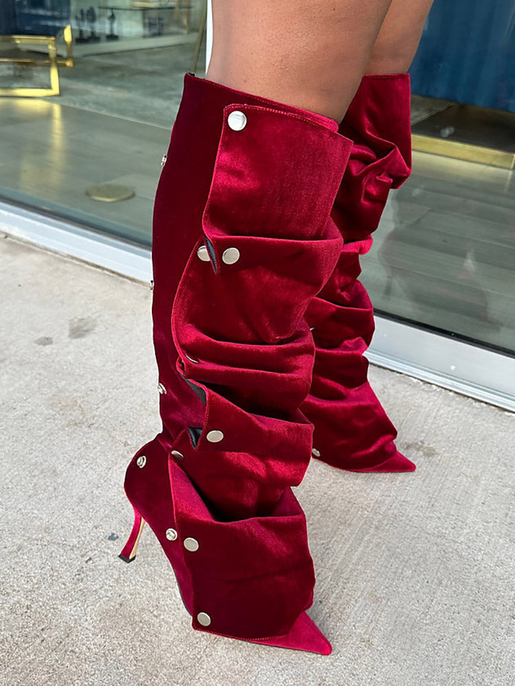 Leather Press Stud Knee-High Boots - Elara Row