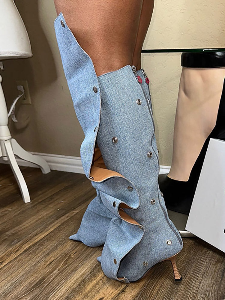 Leather Press Stud Knee-High Boots - Elara Row