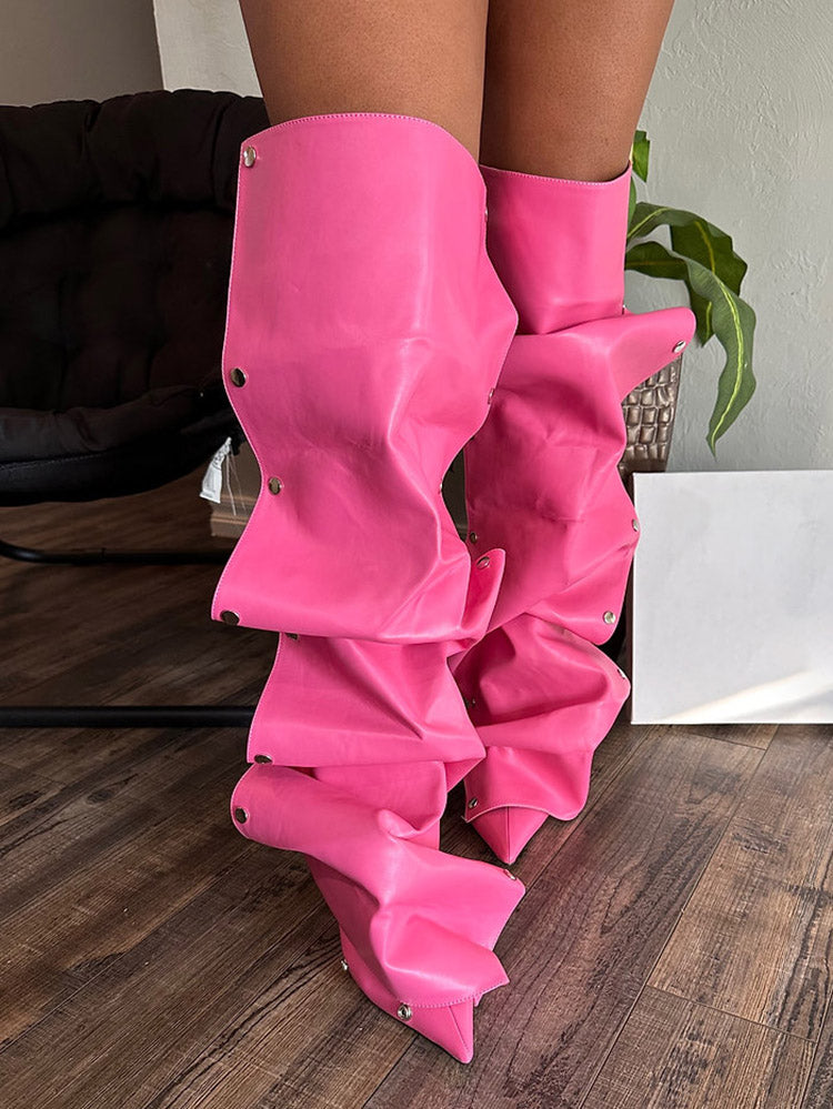 Leather Press Stud Knee-High Boots - Elara Row