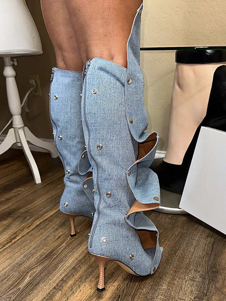 Leather Press Stud Knee-High Boots - Elara Row