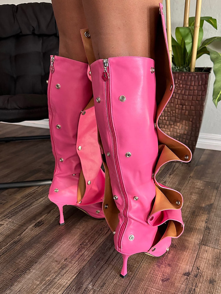 Leather Press Stud Knee-High Boots - Elara Row