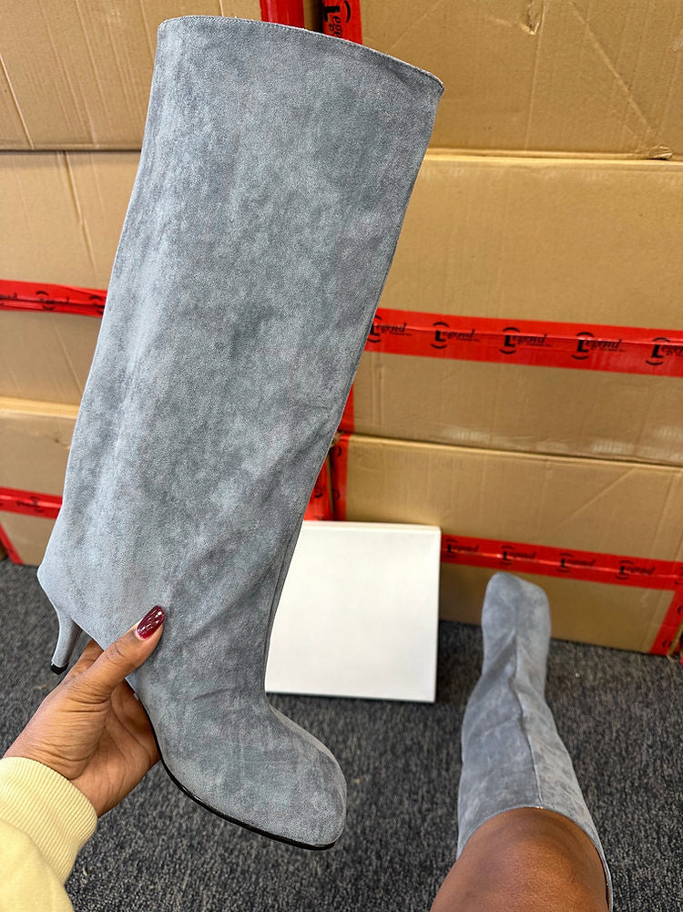 Suede Wide Calf Square Toe Boots - Elara Row
