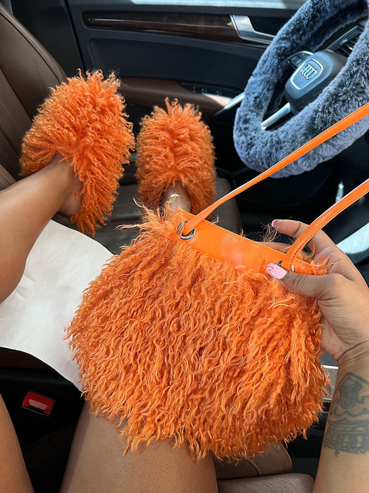 Fluffy Fur Bag & Slides Set