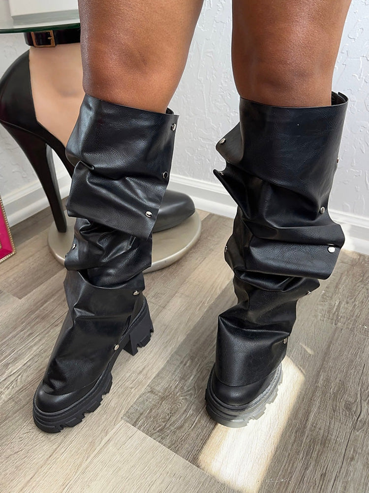 Leather Press Stud Round Toe Boots - Elara Row