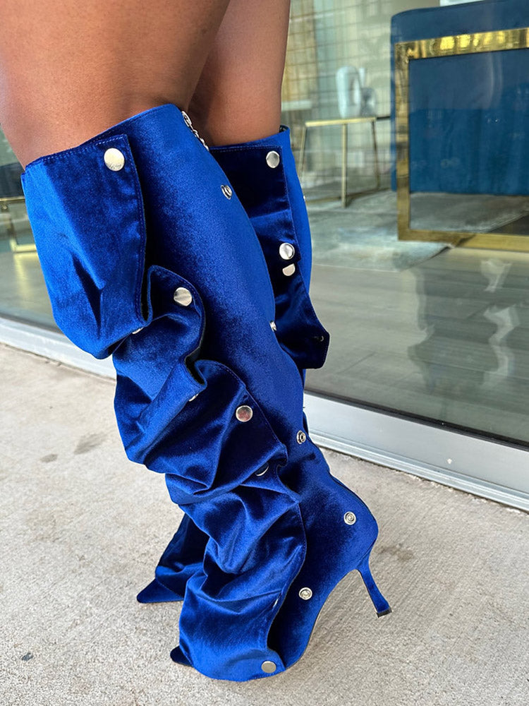 Leather Press Stud Knee-High Boots - Elara Row