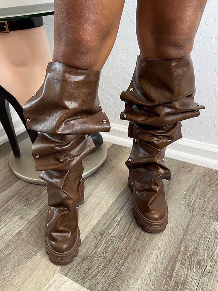 Leather Press Stud Round Toe Boots - Elara Row